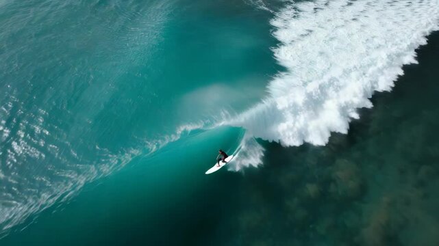 Dynamic aerial footage of a surfer riding a powerful turquoise wave