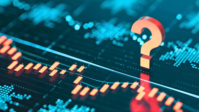 Red question mark on a digital financial market graph, symbolizing economic uncertainty, investment challenges, and analytical queries in global finance and data trends
