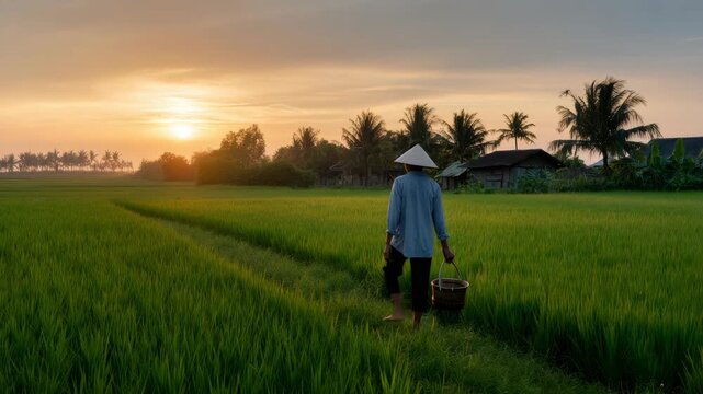 Serene rural rice field scene at sunrise with farmer walking through lush green paddies