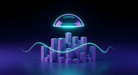 3D render of abstract bar graph data under a glowing dome with a flowing neon curve representing technological progress and futuristic analytics.
