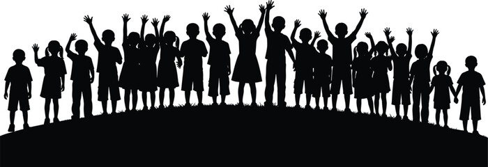 Silhouette of happy children with raised hands on a grassy hill  vector illustration icon