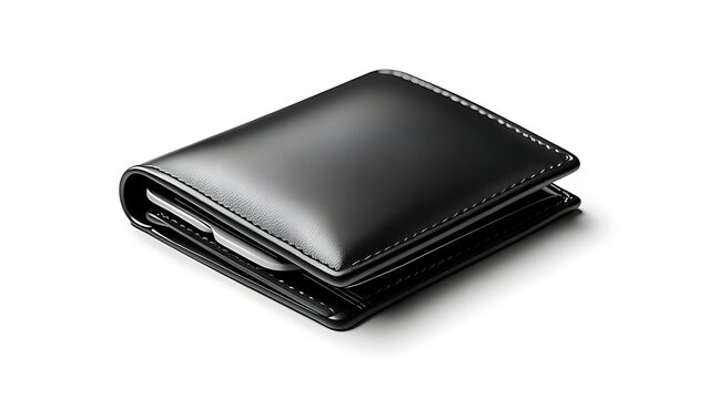 Sleek, closed black leather wallet with white stitching, slightly angled, on a stark white background