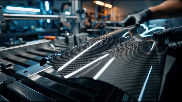 A person carefully applies a wrap to a sleek vehicle in a modern industrial setting