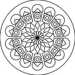 Symmetrical Geometric Mandala in Black and White Line Illustration