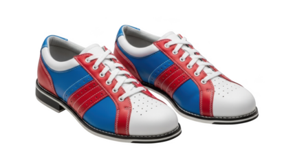 Pair of red white and blue leather bowling shoes with white laces on black background footwear sport shoes