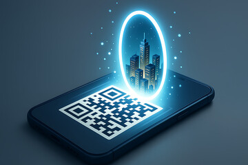 Mobile technology and digital gateway concept showing a smartphone with a qr code and a glowing portal revealing a modern city in blue light tones
