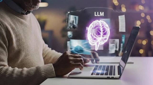 Person Interacting with Futuristic Holographic Brain Interface for LLM Technology