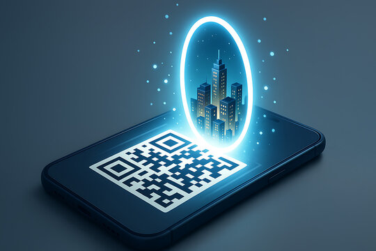 Mobile technology and digital gateway concept showing a smartphone with a qr code and a glowing portal revealing a modern city in blue light tones - Powered by Adobe