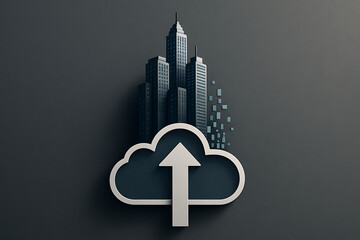Data migration and cloud upload concept showing a glowing cloud icon with an arrow pointing up and a tall city building dissolving into digital pixels