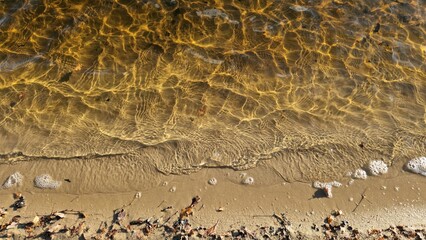 Small waves lap at the shore. The water glows golden.
close-up