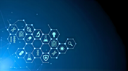 Abstract science and technology background with medical and research icons forming a hexagonal network pattern on a blue gradient