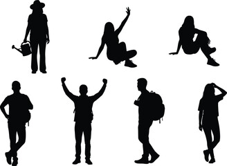 Set of black people silhouettes featuring casual outdoor activities, including gardening, hiking with backpacks, sitting, and celebrating success for lifestyle and community designs.