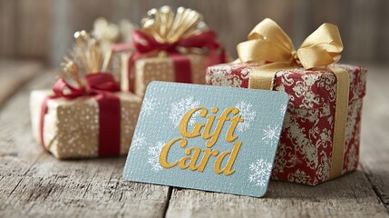Holiday gifts, beautifully wrapped with ribbons, sit alongside a 'Gift Card' on a rustic wooden surface. The scene evokes warmth and the anticipation of joyful celebrations.