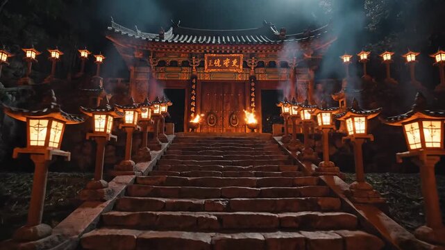 Ancient Stone Staircase Leads To Ornate Temple Entrance Illuminated By Rows Of Traditional Lanterns At Night With Smoke Rising