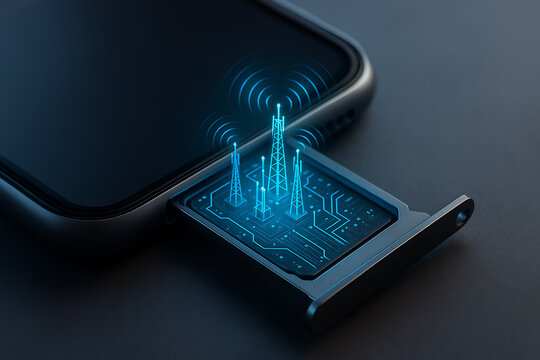 High speed 5g telecommunication towers emerging from a smartphone sim card tray representing mobile network connectivity and global cellular communication