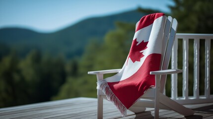 Canadian flag blanket on chair, national identity symbol, travel memory, relocation concept, patriotism. Immigration theme, cultural belonging, international lifestyle representation