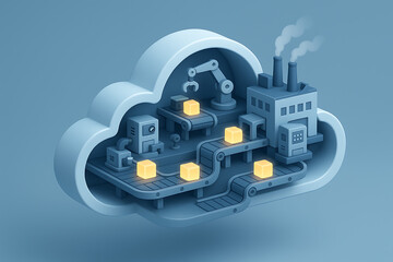3d cloud containing an automated factory with conveyor belts and glowing blocks symbolizing cloud manufacturing and industrial automation technology