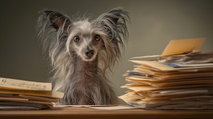 Chinese Crested dog between document stacks, overload metaphor, office stress humor concept. Work pressure illustration, administrative chaos, productivity challenge