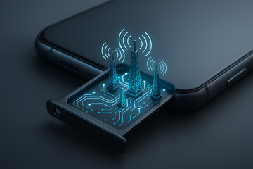 Smartphone with sim card tray open revealing glowing miniature signal towers representing high speed five g network coverage mobile connectivity and digital telecommunications hardware technology