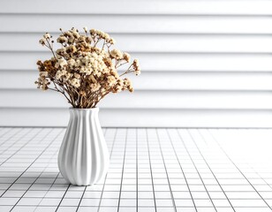 White vase filled with dried flowers set against a minimalist background