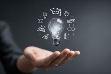 Creative representation of e-learning concepts with light bulb and education symbols in digital space
