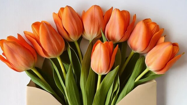 A bouquet of fresh orange tulips in a paper envelope. Top-down flat lay composition with a slow zoom in. Spring holiday and celebration concept