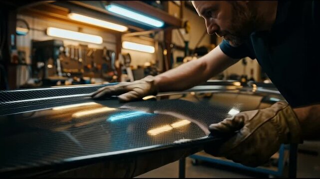 A man carefully wraps a vehicle in a protective wrap in an industrial workshop setting