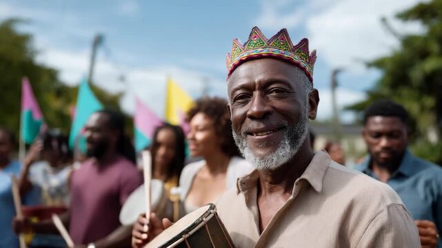 Joyful outdoor celebration with diverse group of people playing drums and enjoying colorful festival