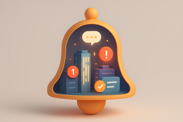 Notification bell symbol containing a miniature city with social media icons and status alerts representing smart urban communication and mobile application updates for the citizens