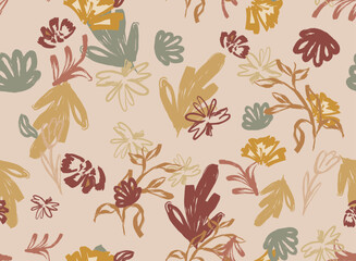 Eco-friendly brush painting floral seamless pattern. Artistic watercolor botanical illustration with abstract flowers in earthy terracotta and beige tones for textile and organic product packaging