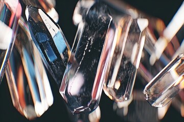 Clear quartz crystal points catch light, against a dark background