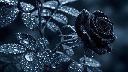 Macro texture of water drops on a black rose 