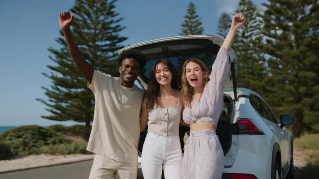 Joyful Diverse Group of Friends Celebrating Outdoors by Car Under Clear Blue Sky