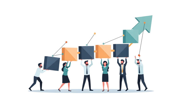 Dynamic illustration of a diverse business team collaborating to construct a rising graph, symbolizing collective effort towards achieving significant growth and shared success
