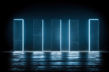 Glowing blue rectangles reflect on a dark, wet surface