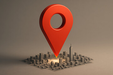 Large red map pin location marker icon placed over a miniature architectural city model showing navigation technology real estate search and geographic positioning system concept