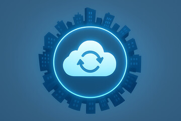 Glowing blue cloud icon with synchronization arrows symbol surrounded by dark city building silhouettes representing cloud computing data backup and smart urban network connectivity solutions