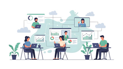 Diverse group of professionals collaborating remotely, utilizing laptops and video conferencing for successful project management and team communication in a modern digital workspace