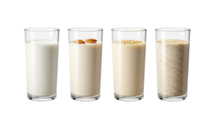 Dairy and plant based milk glasses on transparent background


