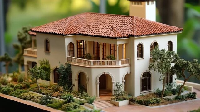 Miniature model of a mediterranean revival style villa with a red-tiled roof, surrounded by lush greenery and detailed landscaping.