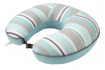 Comfortable travel neck pillow featuring a modern striped pattern in serene aqua blue gray and white tones with an adjustable clip closure for secure support during long journeys
