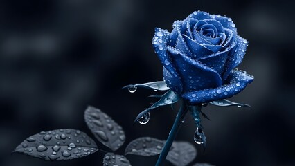 A beautiful macro blossom of a red rose with water drops on a blue background captures the nature and beauty of a spring petal in close-up