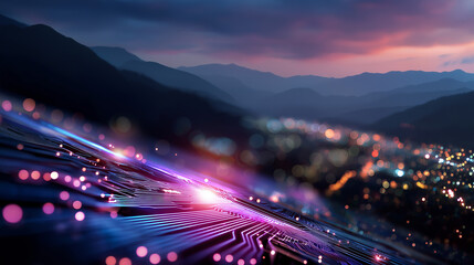 Futuristic circuit board with glowing purple and blue lights, mountain silhouette background, digital technology concept, bokeh effect and light trails defocused, with copy space