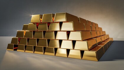A pyramid of gold bars stacked neatly on a reflective surface, illuminated by a soft light