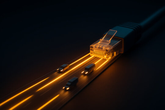 High speed ethernet cable acting as a data highway with vehicles driving on glowing lines illustrating fast internet connection and efficient fiber optic network communications