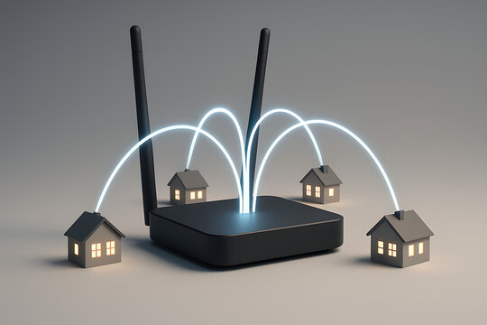 Wireless internet router connecting multiple small houses with glowing blue data signals showing community wifi network and smart home connectivity for residential neighborhood communication
