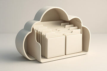 Cloud computing storage concept featuring a 3d rendered cream colored cloud icon filled with many organized paper folders representing digital data management and online backup