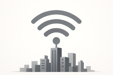 Grey city skyline silhouette with a large wifi signal icon above it representing wireless connectivity smart city technology mobile internet access and global communication network