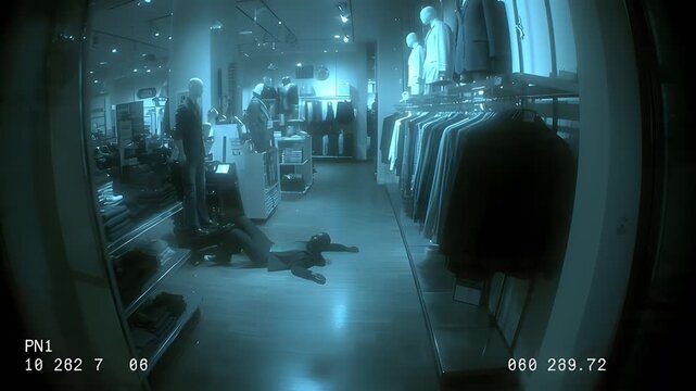 Nighttime surveillance footage of a clothing store interior with mannequins