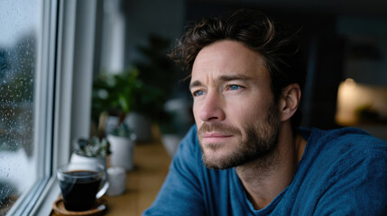 Obraz premium This thoughtful man gazes out of a rainy window, encapsulating a moment filled with contemplation and a sense of yearning for connection and understanding.